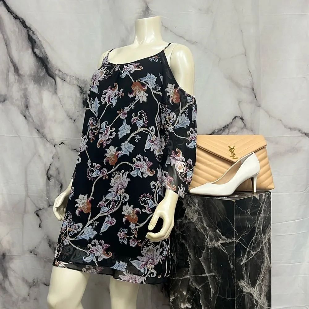 *White House, black market dress, black purple floral off shoulder